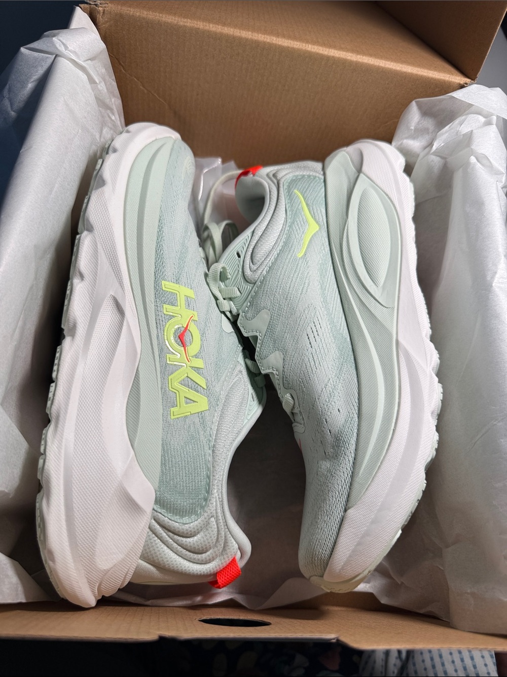 Hoka Lightweight Women's Running Shoes in Mint Green and White with Neon Accents